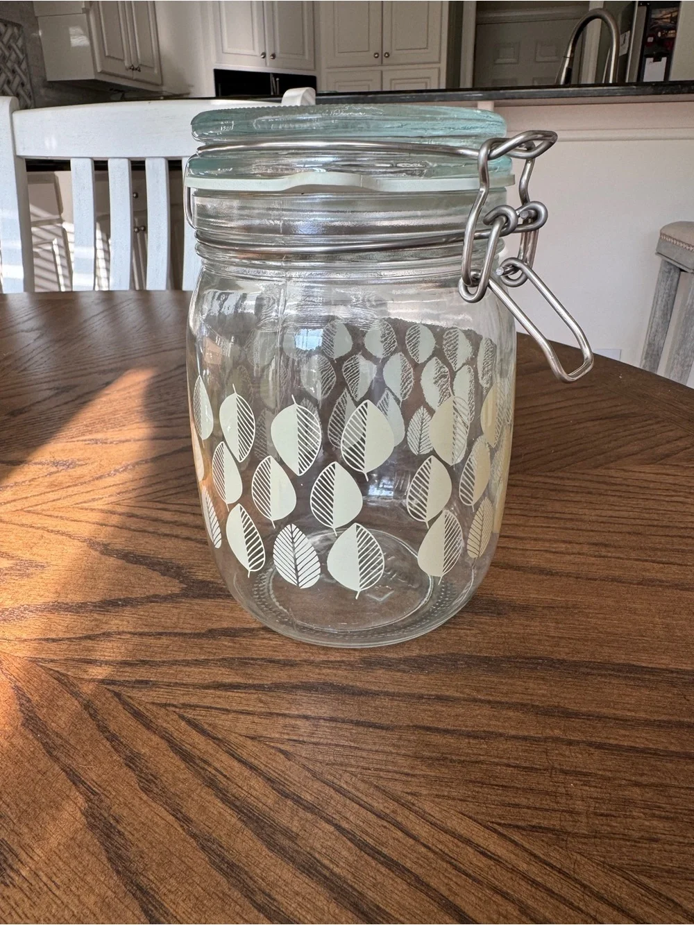 IKEA Glass Airtight Canister with Cream Leaf Pattern and Clear Glass
